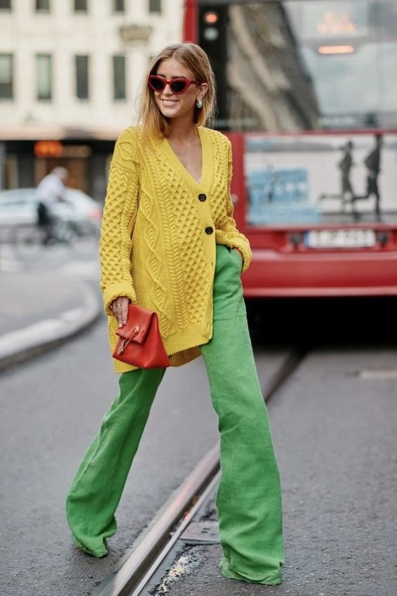 Green Pants with Yellow Cardigan